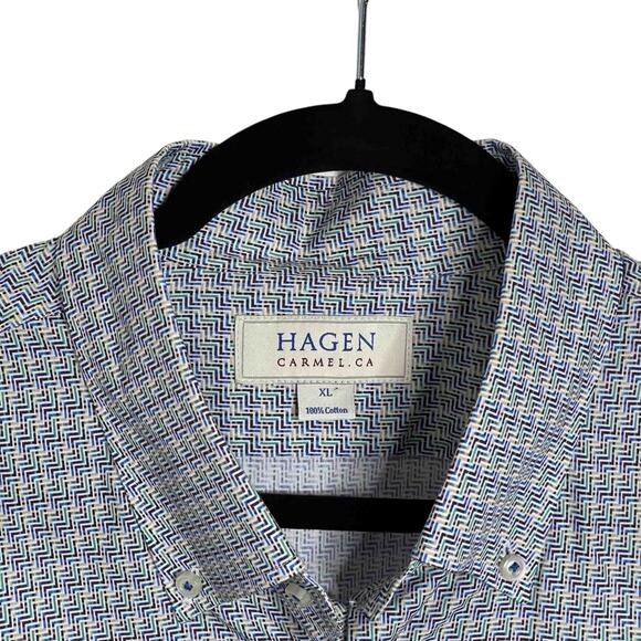 Men's Hagen Button-Down Shirt Blue White Geometric Print 100% Cotton Size XL - Picture 3 of 7